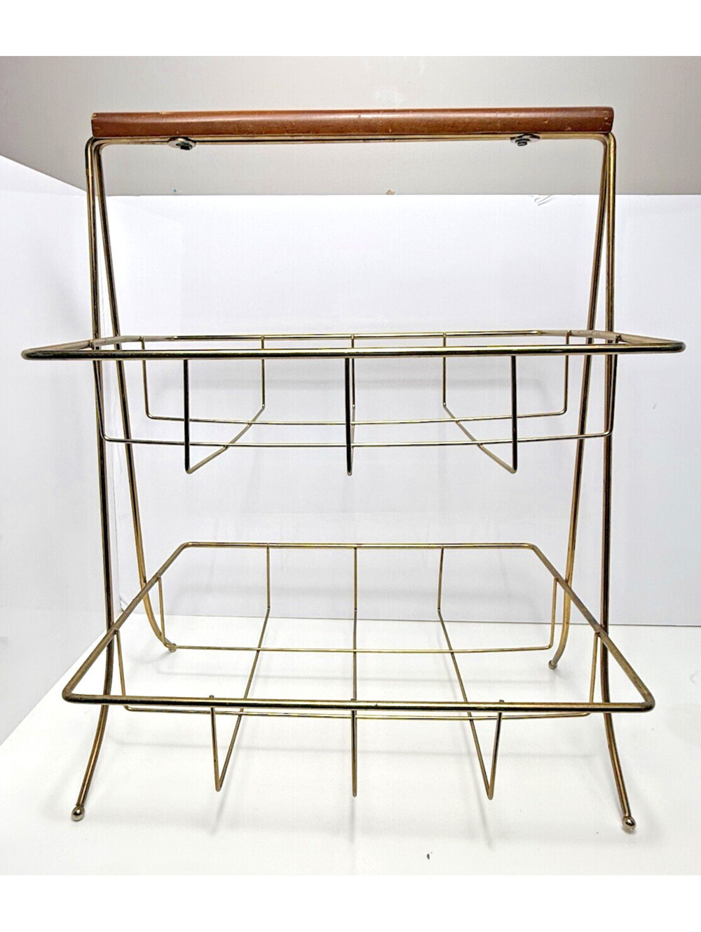 Vtg MCM Metal Wire 2-Tier Magazine Rack Stand Wood Handle Large